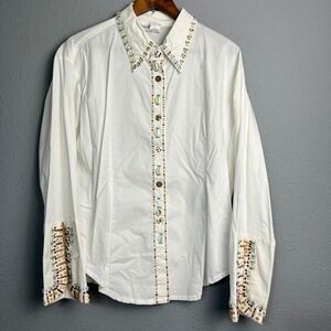 Haven Beau Embellished Eclectic Hippie Retro Artisan Button Up Shell Accents XL